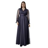 Asees Kruvaze Yaka Uzun Kol Tül Abiye Elbise, A Kesim, Polyester, Midi Boy, Vintage Romantik, Düğün ve Mezuniyet için