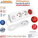 Asel 3'lü Anahtarlı Akım Korumalı Topraklı Grup Priz Çoklu Priz Uzatma Kablosu 1,5 Metre - Beyaz