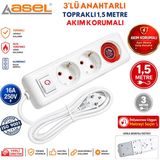 Asel 3'lü Anahtarlı Akım Korumalı Topraklı Grup Priz Uzatma Kablosu 1,5 Metre - Beyaz