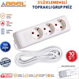 Asel 3'lü Topraklı Grup Priz Çoklu Priz Uzatma Kablosu 10 Metre - Beyaz