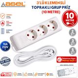 Asel 3'lü Topraklı Grup Priz Uzatma Kablosu 10 Metre - Beyaz