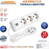 Asel 3'lü Usb'li Topraklı Grup Priz Çoklu Priz Uzatma Kablosu 1,5 Metre - Beyaz