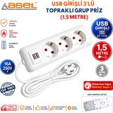 Asel 3'lü Usb'li Topraklı Grup Priz Uzatma Kablosu 1,5 Metre - Beyaz