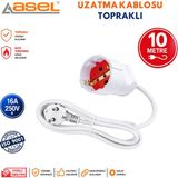 Asel Topraklı Uzatma Kablosu Fişli Uzatma Kablosu Kablo Uzatma 10 Metre - Beyaz