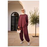 Aselim Hijap Moda Pike Modal Şalvar Pantolon Model Oversize Takım – Mürdüm