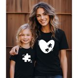 ASELİNDA AİLE KOMBİN TİŞÖRT- Anne Kız puzzle kalp Baskılı Bisiklet Yaka Tişört/T-SHİRT (TEK ADET FİYATIDIR.)
