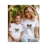 ASELİNDA Anne-Kız Fiyonk Leopar Baskılı Tshirt,Bisiklet Yaka Beyaz-Siyah Tişört/T-SHİRT (TEK ADET FİYATIDIR.)