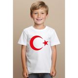Aselinda Beyaz Çocuk Tişört Ay Yıldızlı Erkek Çocuk İçin Kısa Kol Rahat Pamuklu Tasarım - 12 Yaş