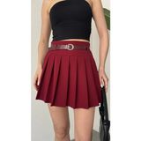Asfa Moda Kadın Bordo Astarlı Şortlu Kemerli Pileli Yazlık Mini Etek