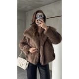 Asfa Moda Sütlü Kahve Şal Yaka Jakarlı Çıt Çıtlı Cepli Geniş Kalıp Lolita Kürk