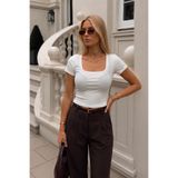 Asfaha Fashion Kadın Beyaz Kare/U Yaka Fitilli Kısa Kollu Crop Bluz