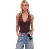 Asfaha Fashion Kadın Dantel Detaylı Alttan Çıtçıtlı Ip Askılı Bodysuit - Kahverengi - M
