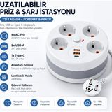 Asfal 3 Metre Makaralı Uzatma Kablosu 4'lü Priz 2 Usb-A + 1 Type-C Anahtarlı Çoklu Priz 2500W