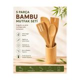 ASG 5 PARÇA AHŞAP BAMBU MUTFAK SERVİS SETİ (KAŞIK-ÇATAL- 2 SPATULA-STAND)