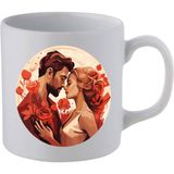 Aşık Kadın ve Erkek Baskılı Beyaz Kupa Bardak - Seramik Çay, Kahve Hediyelik Bardağı - 001 - Beyaz