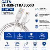 AŞIK STORE 3 Metre Cat6 Fabrikasyon Ethernet Kablosu 1000 Mbps Gigabit Lan Internet Kablosu RJ45