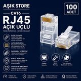 AŞIK STORE Cat6 RJ45 Açık Uçlu Konnektör 100 Adet 8P8C Altın Kaplama Ethernet Fişi Utp Cat6 RJ45 Jack
