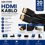 Aşık Store HDMI Kablo 20 Metre Full Hd 1080P 4KX2K Yüksek Hızlı Görüntü ve Ses Aktarım Kablosu Altın Kaplama Konnektör Pvc Dış