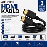 AŞIK STORE HDMI Kablo 3 Metre Full HD 1080P 4Kx2K Yüksek Hızlı Görüntü ve Ses Aktarım Kablosu Altın Kaplama Konnektör PVC Dış Kılıf