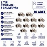 Aşık Store L Tipi Çevirmeli F Konnektör 10 Adet 90 Derece Uydu Anten Kablo Tv Koaksiyel Bağlantı Aparatı