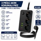 AŞIK STORE SH-4626 3’lü Topraklı Termal Akım Korumalı Priz 2 USB 1 Type-C Şarj Çıkışlı 2 Metre Kablolu Anahtarlı Çoklu Grup Priz Uzatma Kablosu