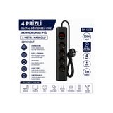 AŞIK STORE SH-4635 4’lü Akım Korumalı Priz Dijital Voltaj Göstergeli 2500W 2 Metre Kablolu Anahtarlı Topraklı Çoklu Grup Priz