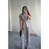 Asil Acar Home ÇİZGİLİ POLYVİSKON BLUZ - PANTOLON TAKIM - Gri