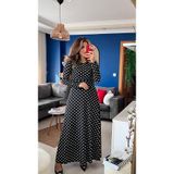 Asil Acar Home Kadın Krep Kumaş Uzun Kollu Tam Boy Puantiyeli Elbise 132 Cm