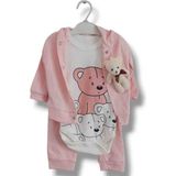 Asil Öztürk Baby & Kids Bebek Fitilli Kapüşonlu Ayıcıklı Pamuklu Hırka Alt Üst Zıbın Takım - 6 Ay - 01P-Pembe