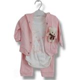 Asil Öztürk Baby & Kids Bebisso Fitilli Kapşonlu Ayıcıklı Pamuklu Bebek Hırka Alt Üst Zıbın Takım - 11 - 12 Ay - 01P-Pembe