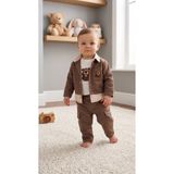 Asila Baby Ayıcık Baskılı Esnek Kumaş Body Düğmeli Gabardin Ceket ve Bermuda Cep Detaylı 3lü Erkek Bebek Takım