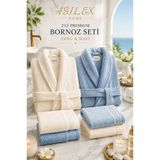 Asilex Home Collection Çift Kişilik Lüx Bornoz Takımı Pamuklu Kadın Erkek Bornoz Seti Yumuşak ve Emici