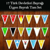 Asilmeydan 17 Türk Devletleri Bayrağı -Üçgen Bayrak Tam Set -Beyaz-Püsküllü-Çif Yönlü-Flama - Renkli
