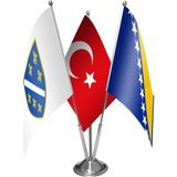 Asilmeydan 92 98 Bosnia ve Yeni Bosna Herksek Bayrakları Türkiye Bayrağı Üçlü Saten Masa Bayrak Set