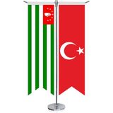 Asilmeydan Abhazya Cumhuriyeti Bayrağı ve Türkiye Kırlangıç Saten T Direk Masa Bayrağı 2'li