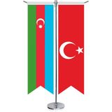Asilmeydan Azerbaycan Bayrağı ve Türkiye Kırlangıç Saten T Direk Masa Bayrağı 2'li