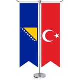 Asilmeydan Bosna I Hercegovina -Bosna Hersek Bayrağı ve Türkiye - Kırlangıç - Saten T Direk 2li Masa Bayrağı - Renkli