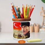Asilmeydan Cephede Ay Yıldızlı Mustafa Kemal Atatürk Ahşap Seramik Kalemlik-25 - Renkli