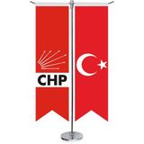 Asilmeydan Cumhuriyet Halk Partisi Chp Bayrağı Logo ve Türkiye Kırlangıç Saten T Direk Masa Bayrağı 2'li