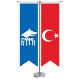 Asilmeydan Göktürk Türk Kağanlığı Göktürkçe Bayrağı ve Türkiye Kırlangıç Saten T Direk Masa Bayrağı 2'li