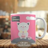 Asilmeydan Happy Birthday Yazılı Sevimli Kedi Kupa Bardak