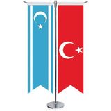 Asilmeydan Irak Türkmenleri Cumhuriyeti Bayrağı ve Türkiye Kırlangıç Saten T Direk Masa Bayrağı 2'li