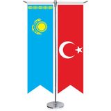 Asilmeydan Kazakistan Cumhuriyeti Bayrağı ve Türkiye Kırlangıç Saten T Direk Masa Bayrağı 2'li