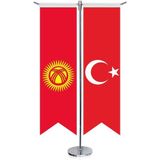 Asilmeydan Kırgızistan Cumhuriyeti Bayrağı ve Türkiye Kırlangıç Saten T Direk Masa Bayrağı 2'li