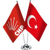 Asilmeydan Kırmızı Chp ve Türkiye İkili Saten Masa Bayrağı Set