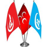 Asilmeydan Kırmızı Ülkü Ocakları Kırmızı Üç Hilal Mavi Ülkü Ocakları Üçlü Saten Masa Bayrağı Set