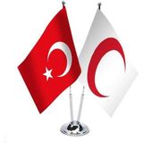 Asilmeydan Kızılay ve Türkiye İkili Paslanmaz Metal Krom Direkli Saten Masa Bayrağı