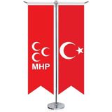 Asilmeydan Milliyetçi Hareket Partisi Mhp Kırmızı Bayrağı ve Türkiye Kırlangıç Saten T Direk Masa Bayrağı 2'li