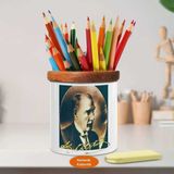 Asilmeydan Mustafa Kemal Atatürk Portre Ahşap Seramik Kalemlik - S143 - Beyaz