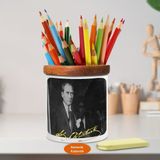 Asilmeydan Mustafa Kemal Atatürk Portre Ahşap Seramik Kalemlik -S301 - Beyaz